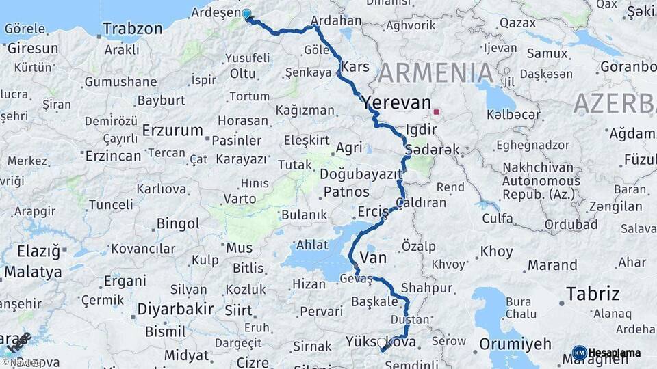Artvin Hakkari Arası Kaç Km - Yol Haritası