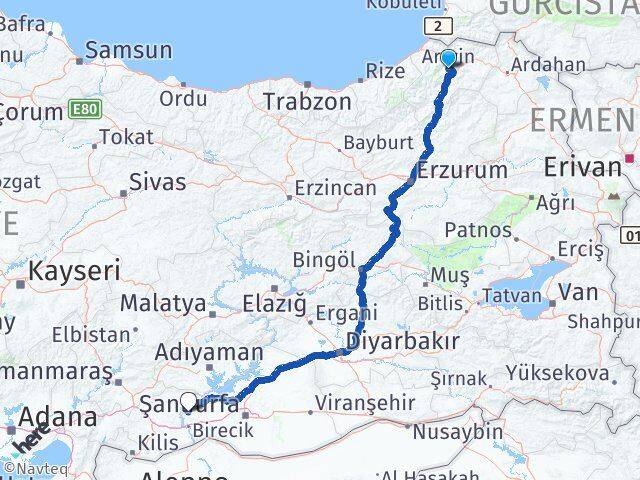 Artvin Halfeti Şanlıurfa Arası Kaç Km - Yol Haritası