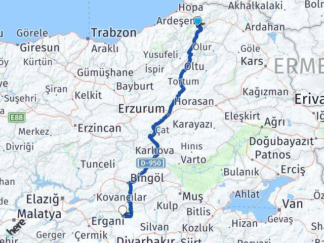 Artvin Hani Diyarbakır Arası Kaç Km - Yol Haritası