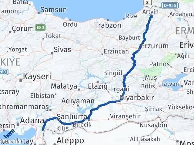 Artvin Hassa Hatay Arası Kaç Km - Yol Haritası
