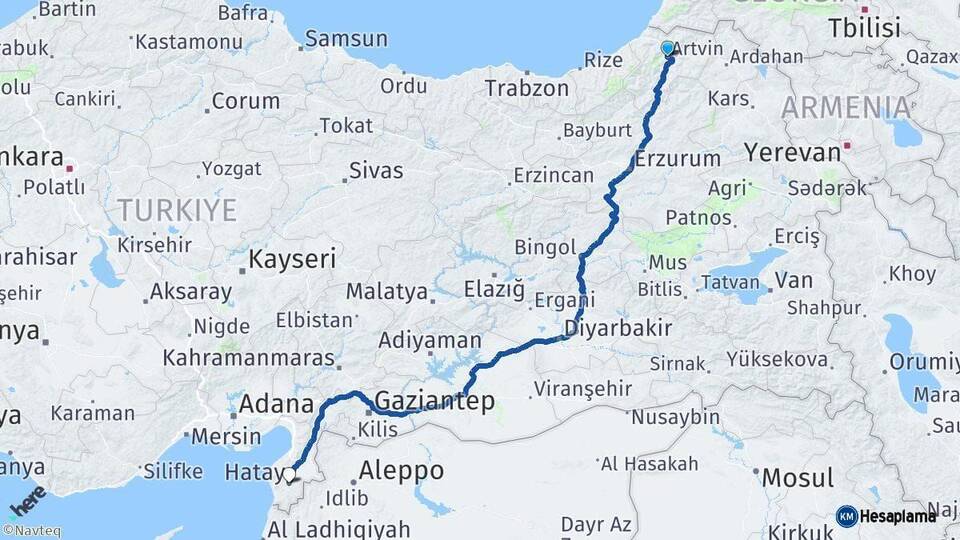 Artvin Hatay Arası Kaç Km - Yol Haritası