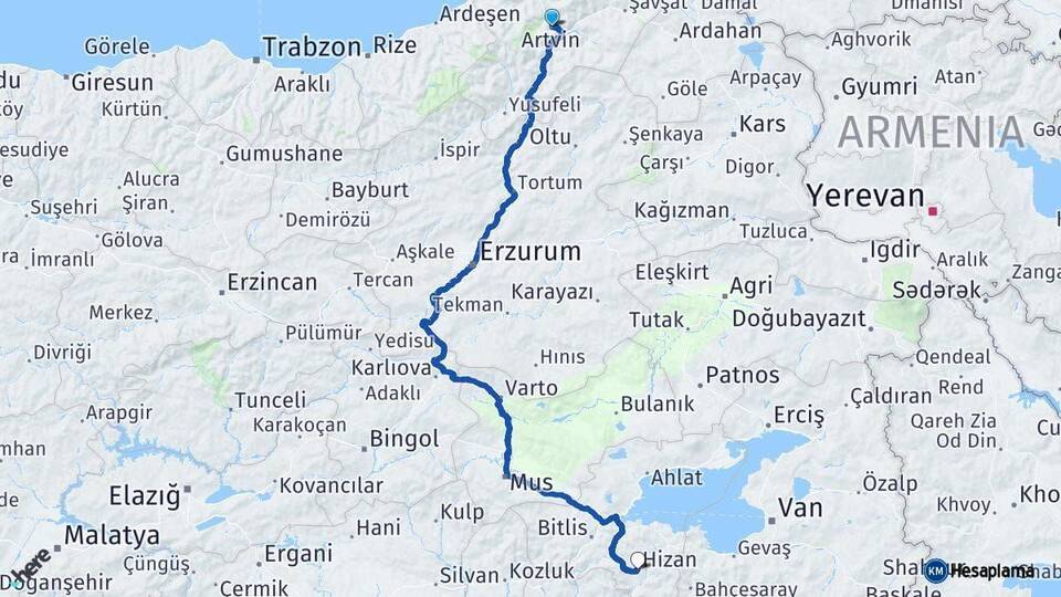 Artvin Hizan Bitlis Arası Kaç Km - Yol Haritası