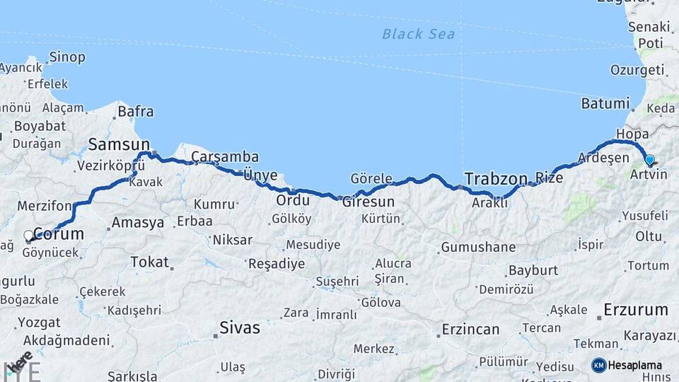 Artvin Hızarlı Arası Kaç Km - Yol Haritası