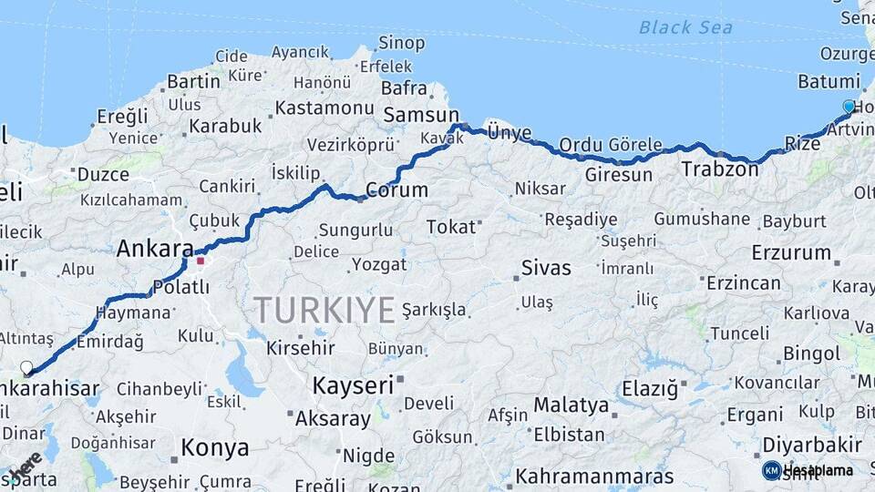 Artvin Hopa Afyonkarahisar Arası Kaç Km - Yol Haritası