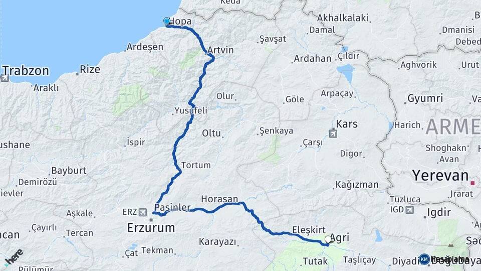 Artvin Hopa Ağrı Arası Kaç Km - Yol Haritası