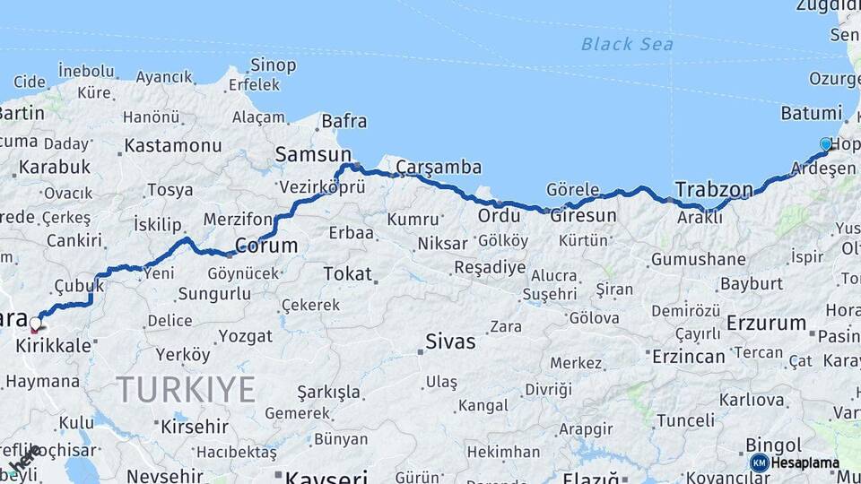 Artvin Hopa Ankara Arası Kaç Km - Yol Haritası