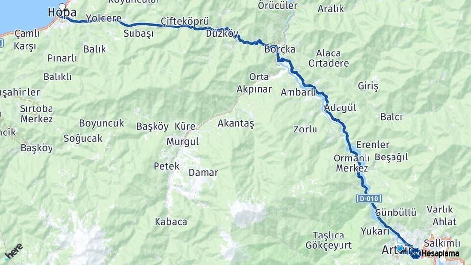 Artvin Hopa Arası Kaç Km - Yol Haritası