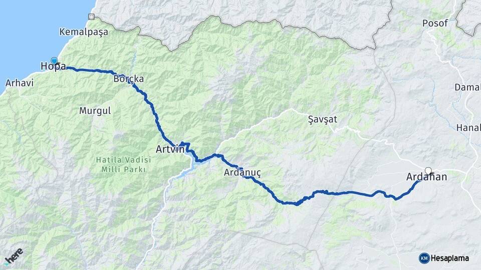 Artvin Hopa Ardahan Arası Kaç Km - Yol Haritası