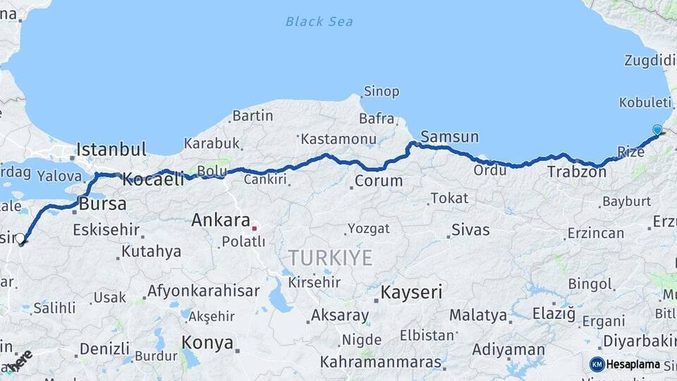 Artvin Hopa Balıkesir Arası Kaç Km - Yol Haritası