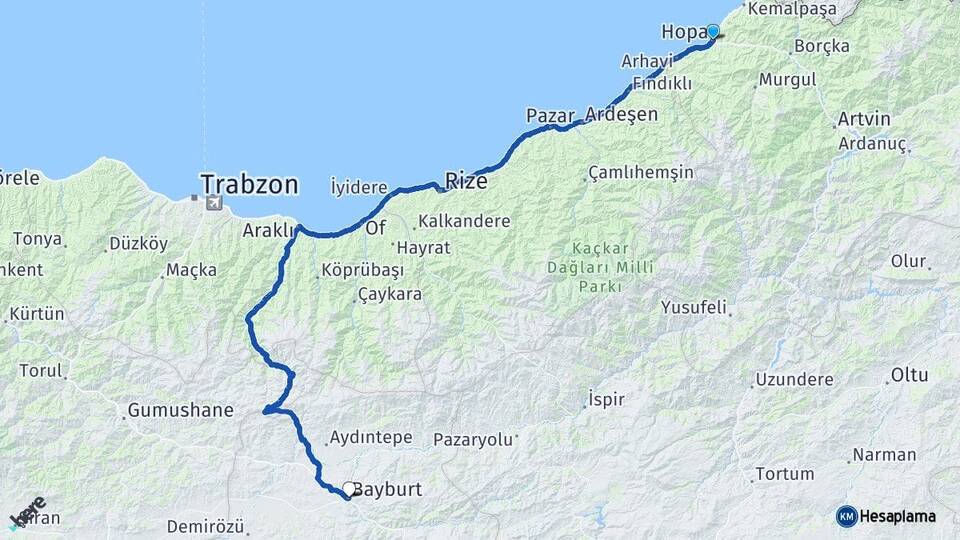 Artvin Hopa Bayburt Arası Kaç Km - Yol Haritası