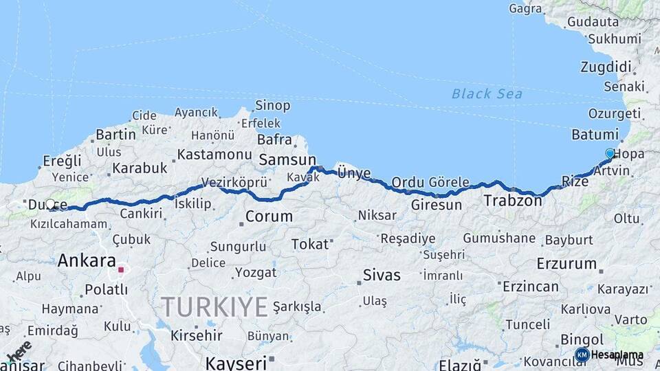 Artvin Hopa Bolu Arası Kaç Km - Yol Haritası