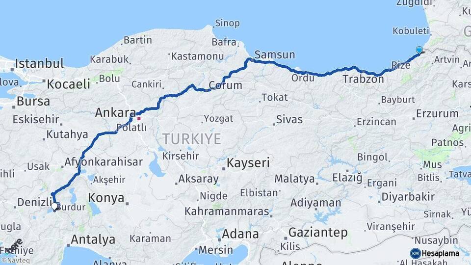 Artvin Hopa Burdur Arası Kaç Km - Yol Haritası