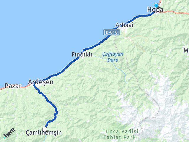 Artvin Hopa Çamlıhemşin Rize Arası Kaç Km - Yol Haritası