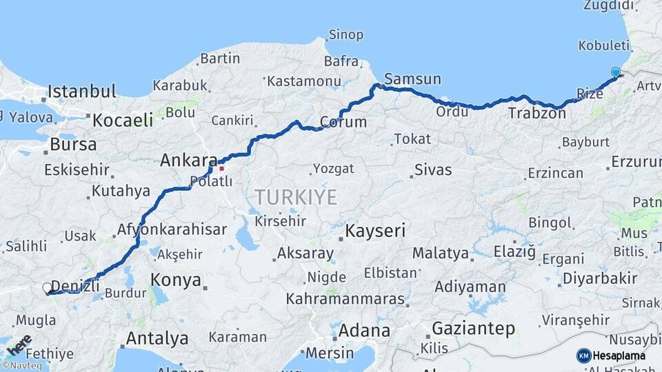 Artvin Hopa Denizli Arası Kaç Km - Yol Haritası
