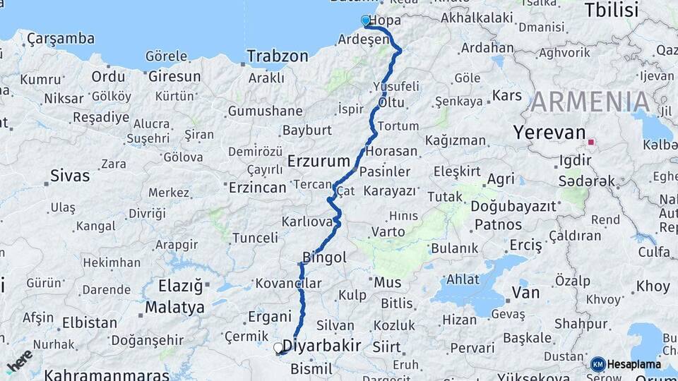 Artvin Hopa Diyarbakır Arası Kaç Km - Yol Haritası