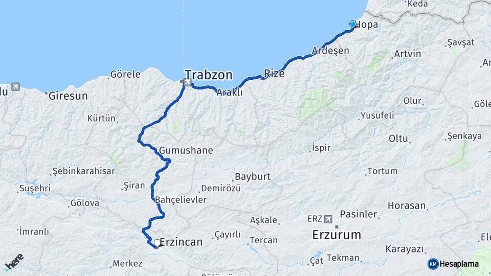 Artvin Hopa Erzincan Arası Kaç Km - Yol Haritası