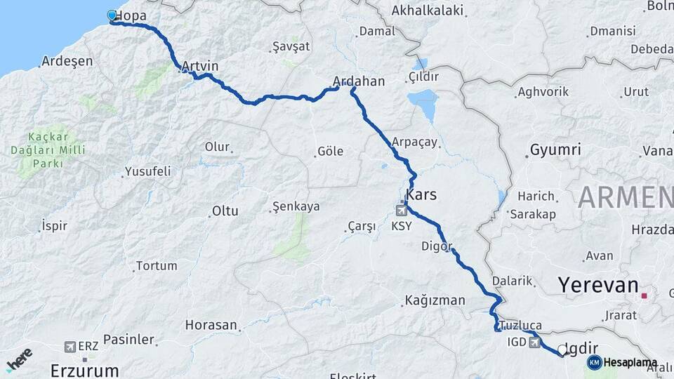 Artvin Hopa Iğdır Arası Kaç Km - Yol Haritası