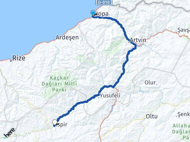 Artvin Hopa İspir Erzurum Arası Kaç Km - Yol Haritası