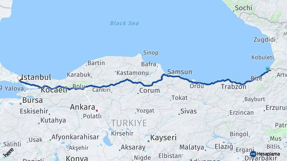 Artvin Hopa İstanbul Arası Kaç Km - Yol Haritası
