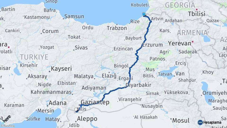 Artvin Hopa Kilis Arası Kaç Km - Yol Haritası