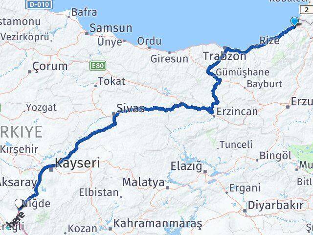 Artvin Hopa Niğde Arası Kaç Km - Yol Haritası