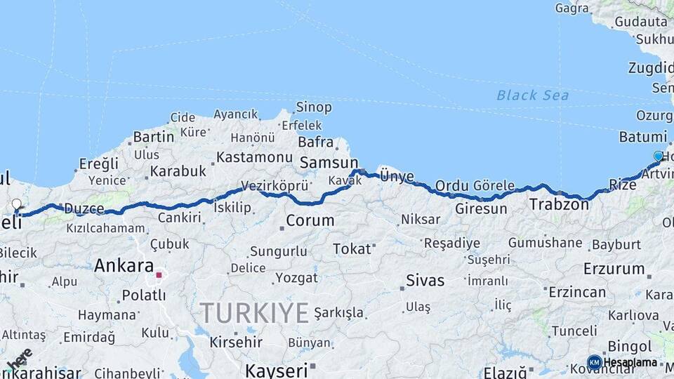 Artvin Hopa Sakarya Arası Kaç Km - Yol Haritası