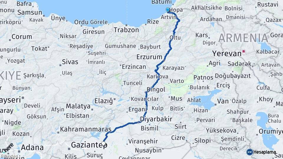 Artvin Hopa Şanlıurfa Arası Kaç Km - Yol Haritası