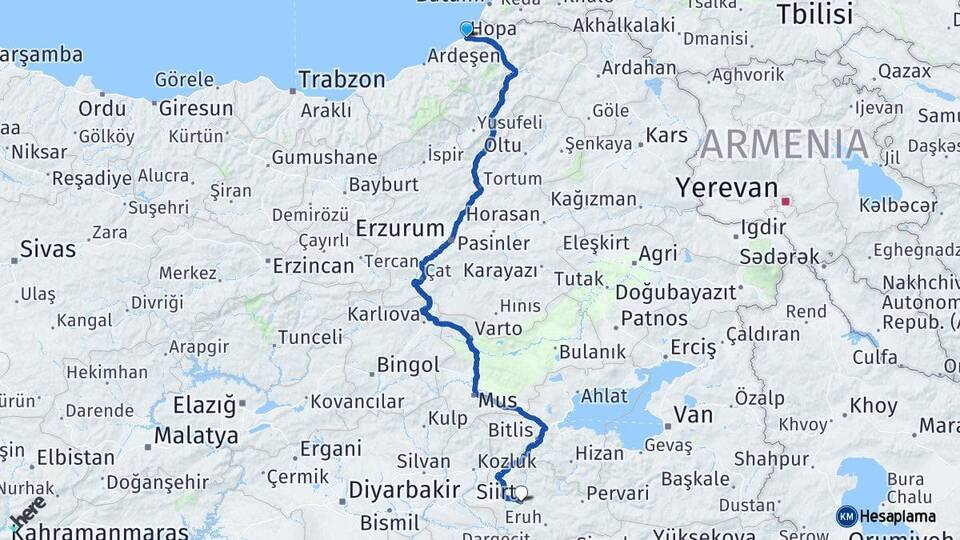 Artvin Hopa Siirt Arası Kaç Km - Yol Haritası
