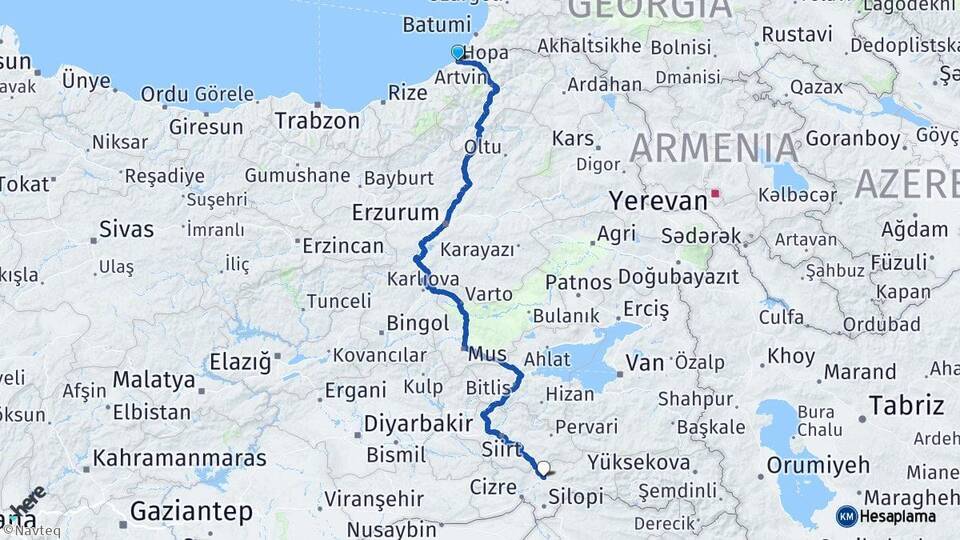 Artvin Hopa Şırnak Arası Kaç Km - Yol Haritası