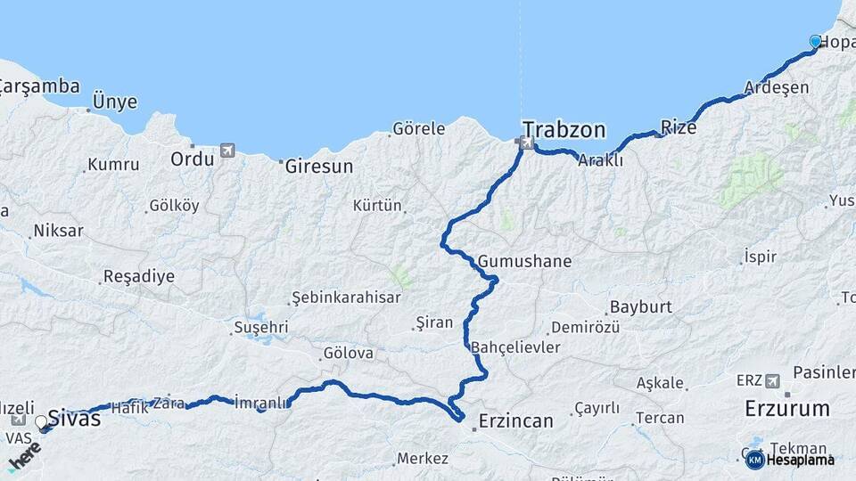 Artvin Hopa Sivas Arası Kaç Km - Yol Haritası