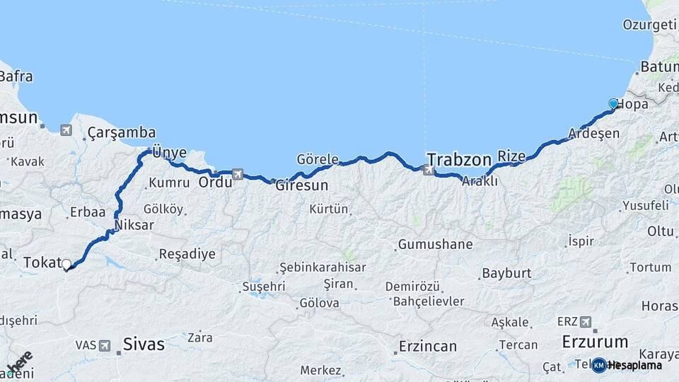 Artvin Hopa Tokat Arası Kaç Km - Yol Haritası