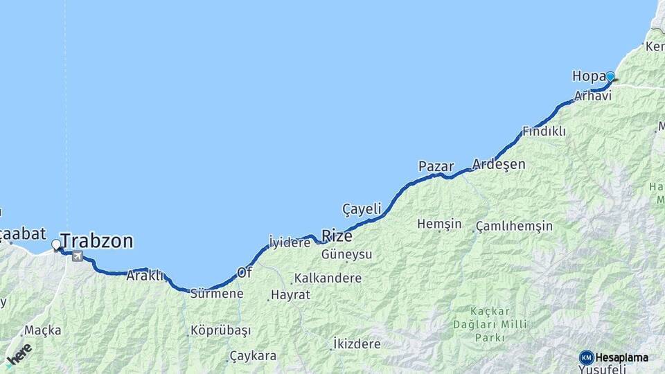 Artvin Hopa Trabzon Arası Kaç Km - Yol Haritası