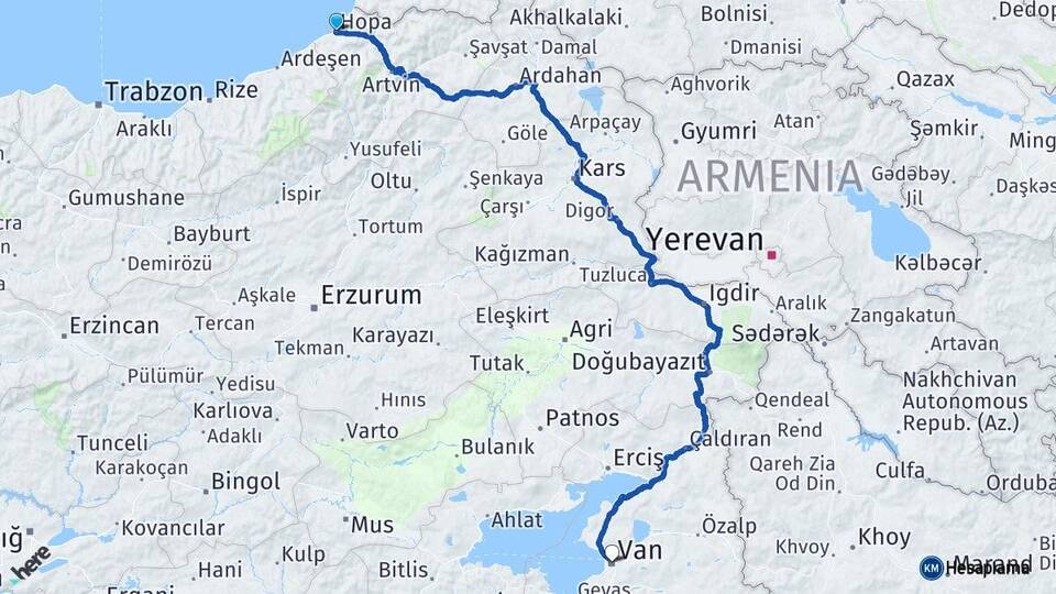 Artvin Hopa Van Arası Kaç Km - Yol Haritası