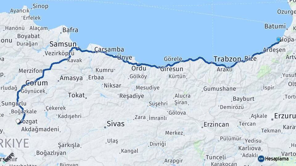 Artvin Hopa Yozgat Arası Kaç Km - Yol Haritası