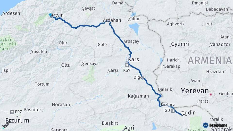 Artvin Iğdır Arası Kaç Km - Yol Haritası