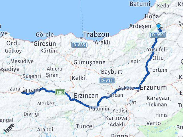 Artvin İmranlı Sivas Arası Kaç Km - Yol Haritası