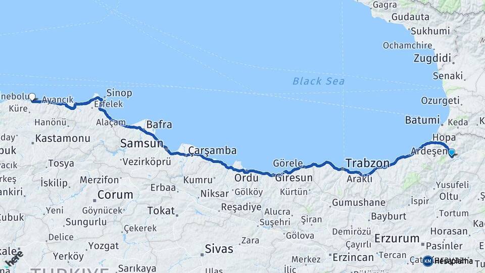 Artvin İnebolu Kastamonu Arası Kaç Km - Yol Haritası