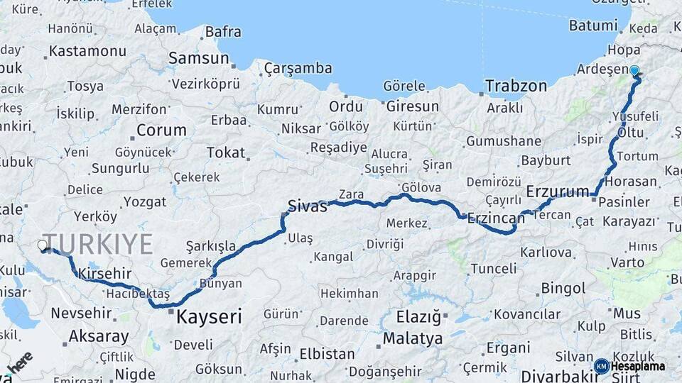 Artvin Kaman Kırşehir Arası Kaç Km - Yol Haritası