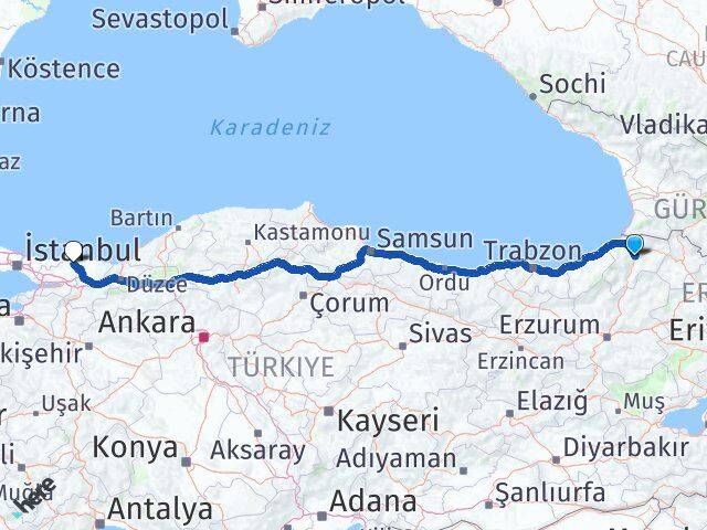 Artvin Kandıra Kocaeli Arası Kaç Km - Yol Haritası