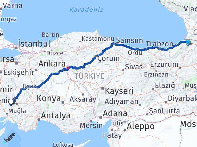 Artvin Karacasu Aydın Arası Kaç Km - Yol Haritası