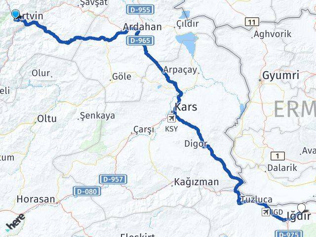 Artvin Karakoyunlu Iğdır Arası Kaç Km - Yol Haritası