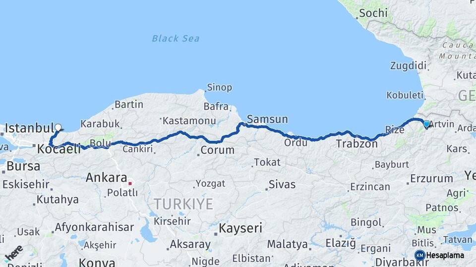 Artvin Karasu Sakarya Arası Kaç Km - Yol Haritası