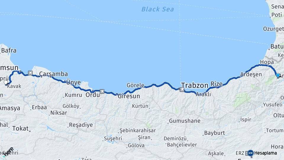Artvin Kavak Samsun Arası Kaç Km - Yol Haritası