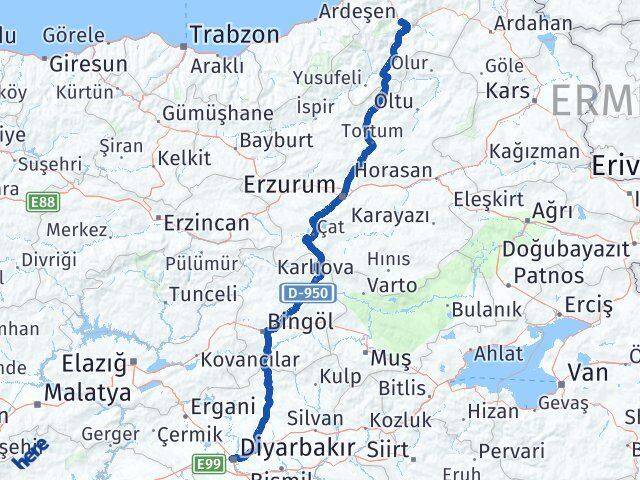 Artvin Kayapınar Diyarbakır Arası Kaç Km - Yol Haritası