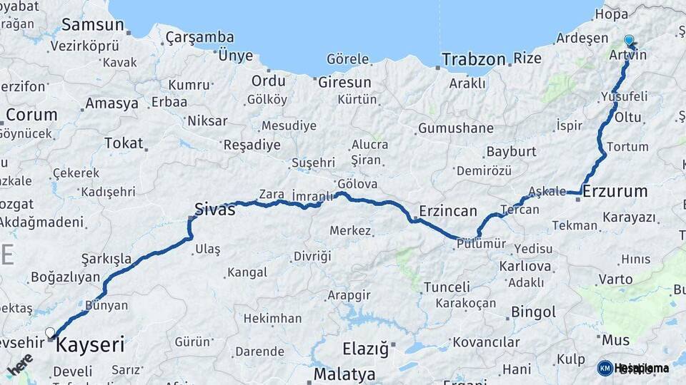 Artvin Kayseri Arası Kaç Km - Yol Haritası