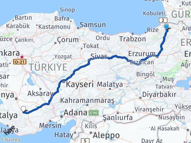 Artvin Kazımkarabekir Karaman Arası Kaç Km - Yol Haritası
