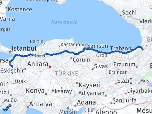 Artvin Keles Bursa Arası Kaç Km - Yol Haritası