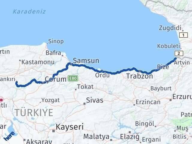 Artvin Kemalpaşa Çankırı Arası Kaç Km - Yol Haritası