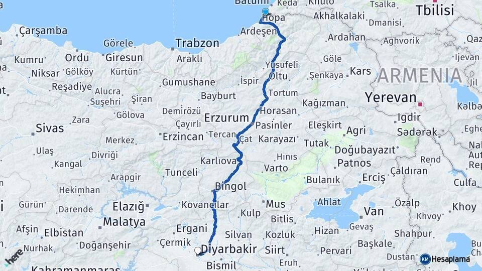 Artvin Kemalpaşa Diyarbakır Arası Kaç Km - Yol Haritası