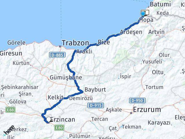 Artvin Kemalpaşa Erzincan Arası Kaç Km - Yol Haritası